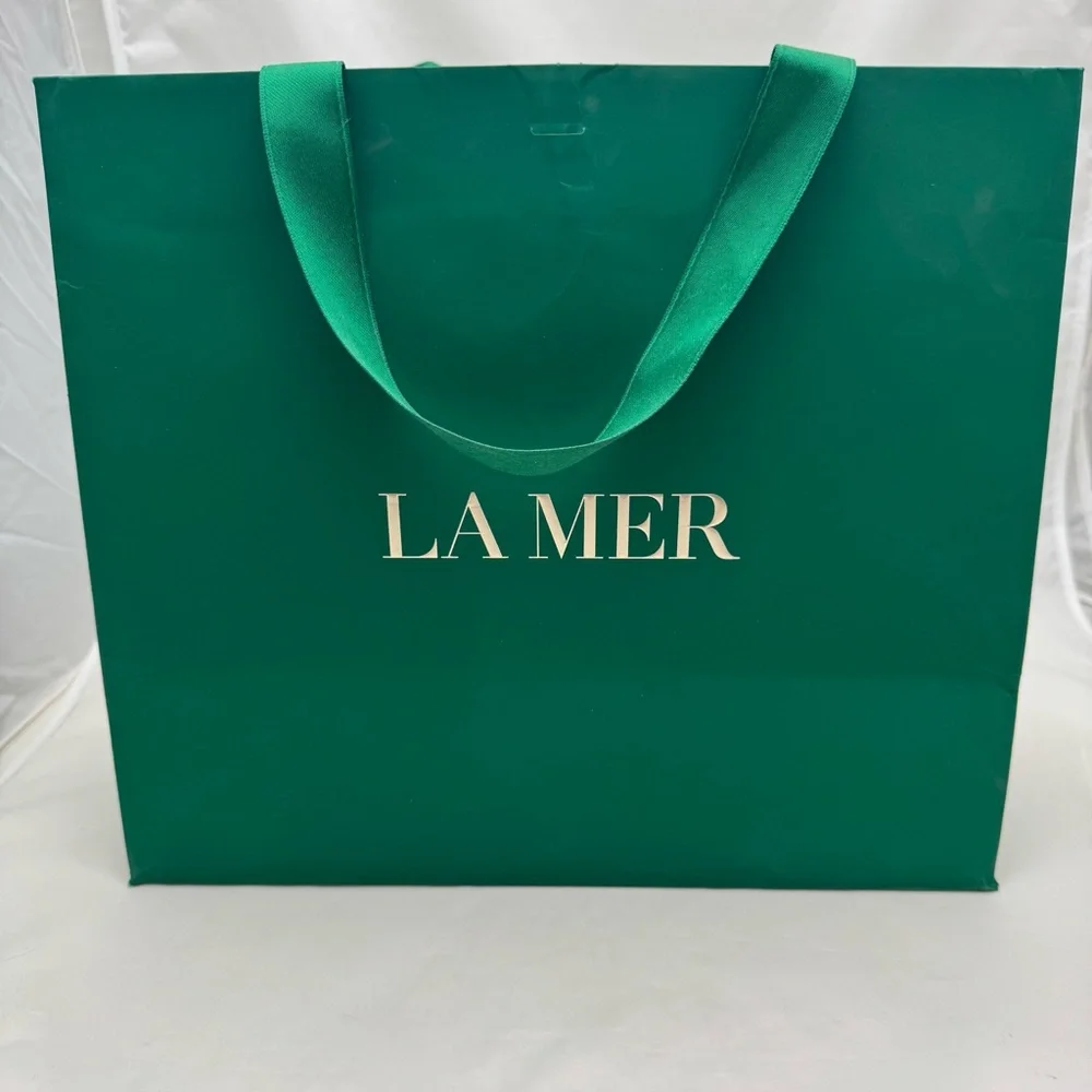 💚 La Mer Extra Large Gift Bags Set of 3 + 2 Satin Ribbons Logo 11x12x5 Used